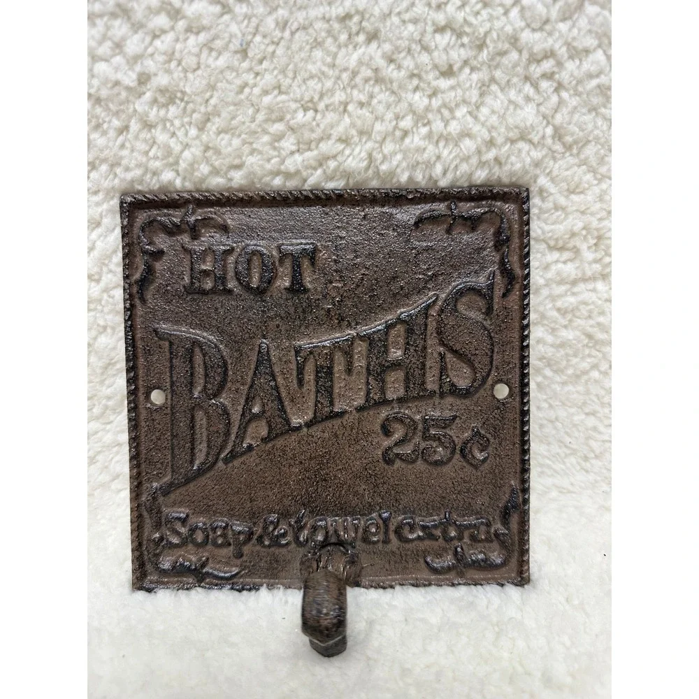 Cast Iron Wall Hook Brown Hot Baths 25 Cents Vintage Style Plaque